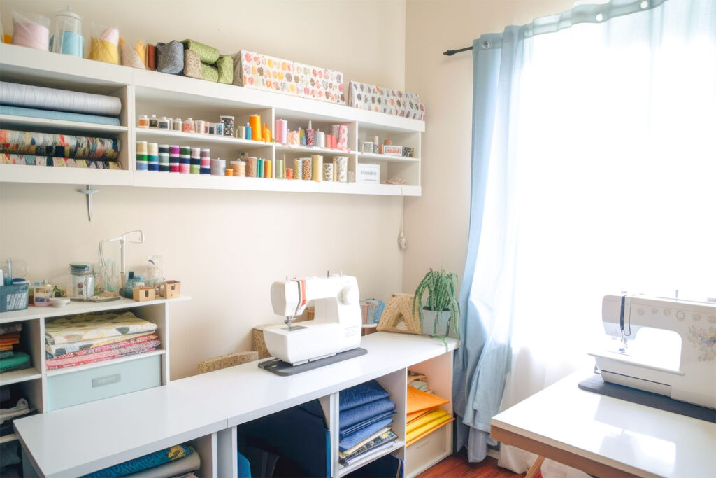 ミシンや布が整理された趣味の部屋